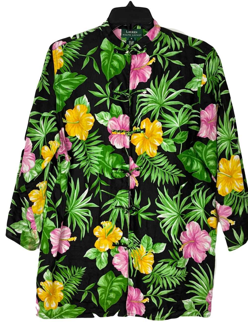 Lauren Ralph Lauren Linen Shirt Women M Floral Mandarin Collar Frog Buttons